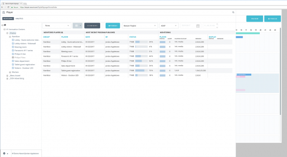 Shows player and display status, download progress, content currently playing and last sender.